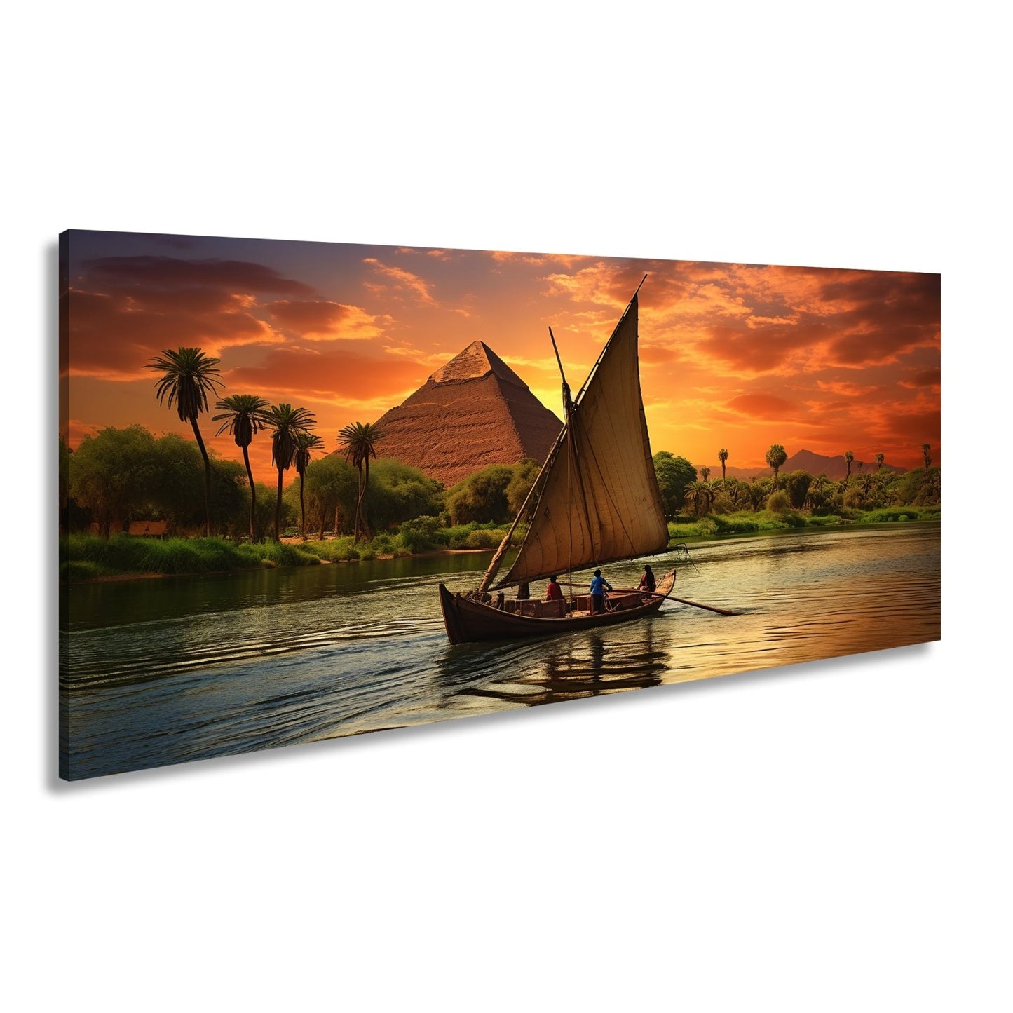 Leinwandbild Pyramidenblick – ein Boot gleitet durchs goldene Licht - deyoli