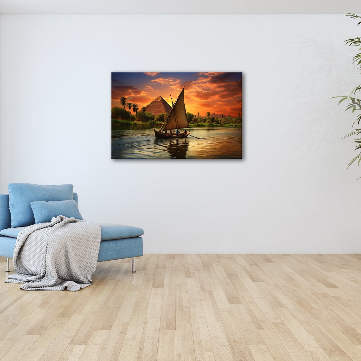 Leinwandbild Pyramidenblick – ein Boot gleitet durchs goldene Licht - deyoli