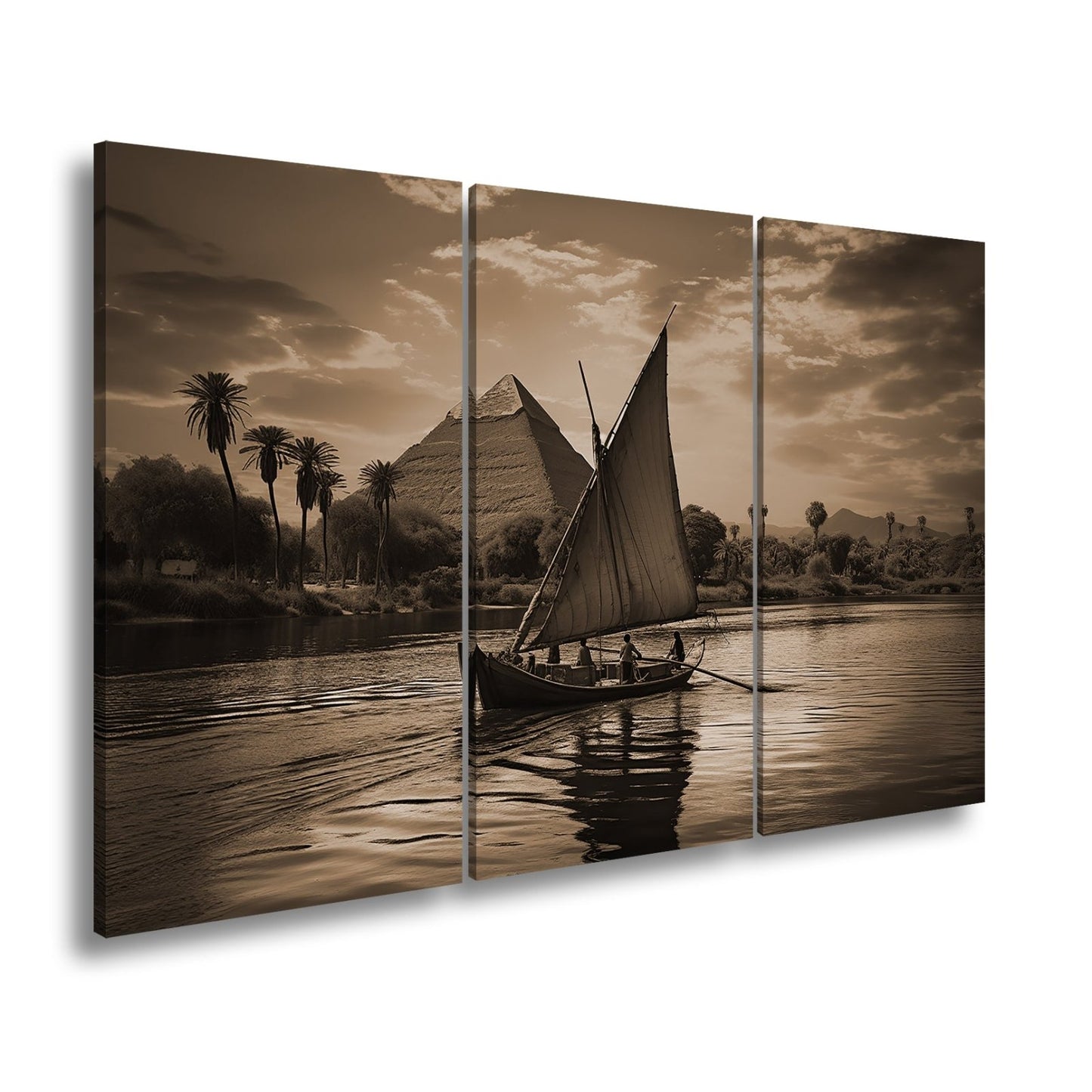 Leinwandbild Pyramidenblick – ein Boot gleitet durchs goldene Licht - deyoli