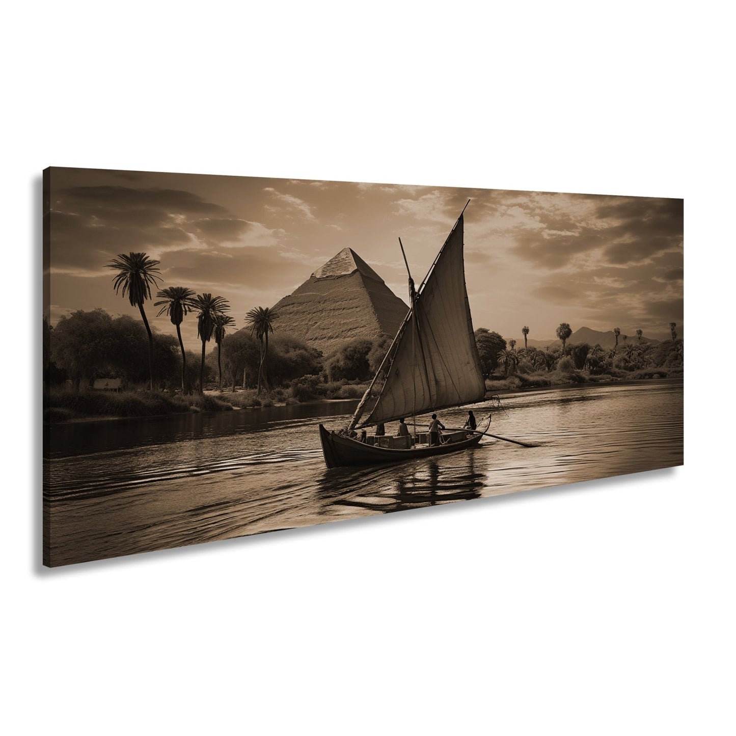 Leinwandbild Pyramidenblick – ein Boot gleitet durchs goldene Licht - deyoli