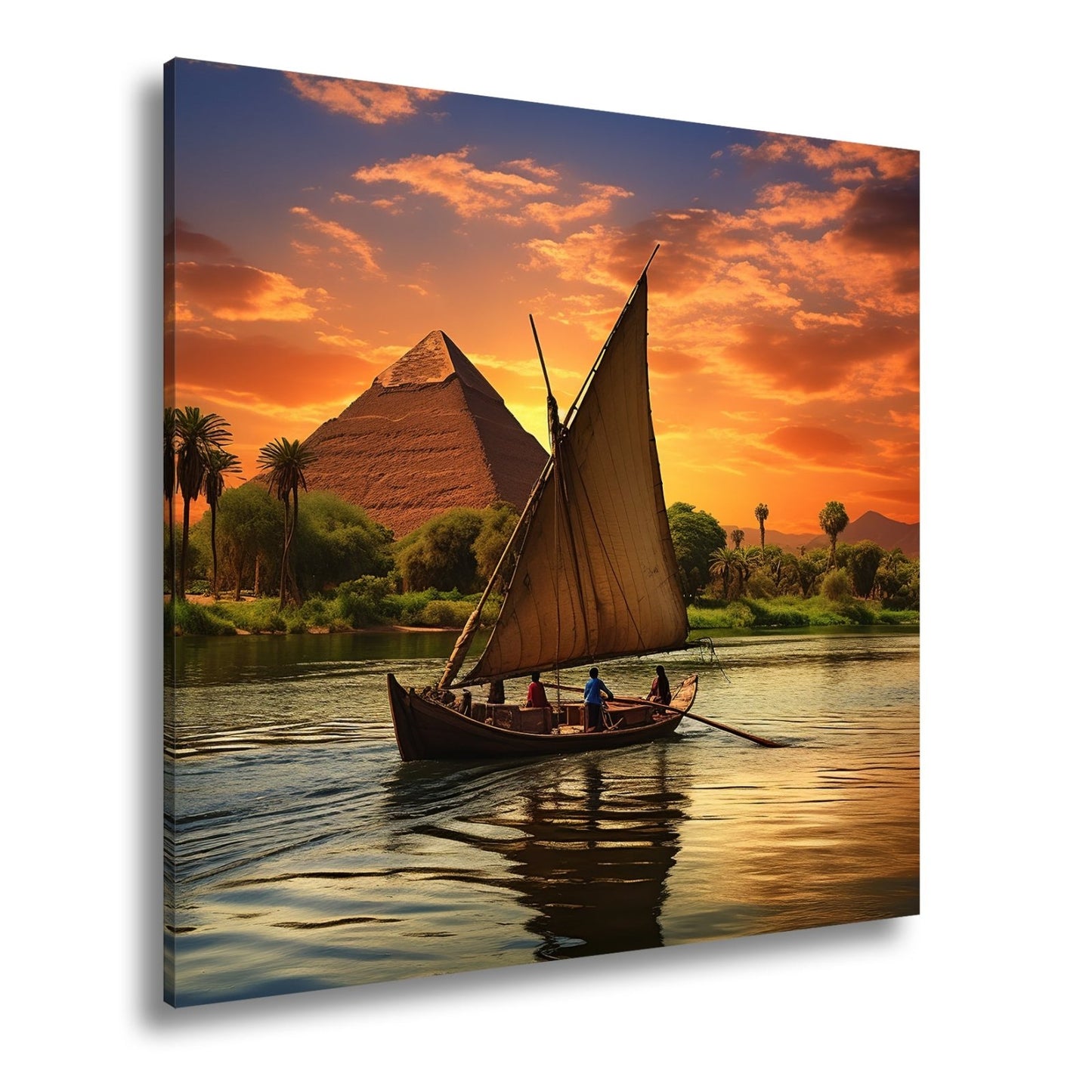 Leinwandbild Pyramidenblick – ein Boot gleitet durchs goldene Licht - deyoli