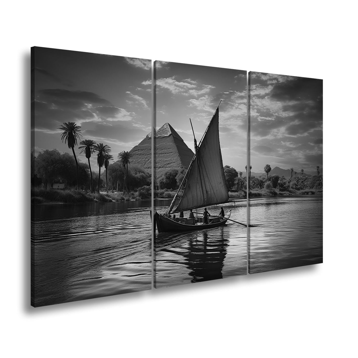 Leinwandbild Pyramidenblick – ein Boot gleitet durchs goldene Licht - deyoli