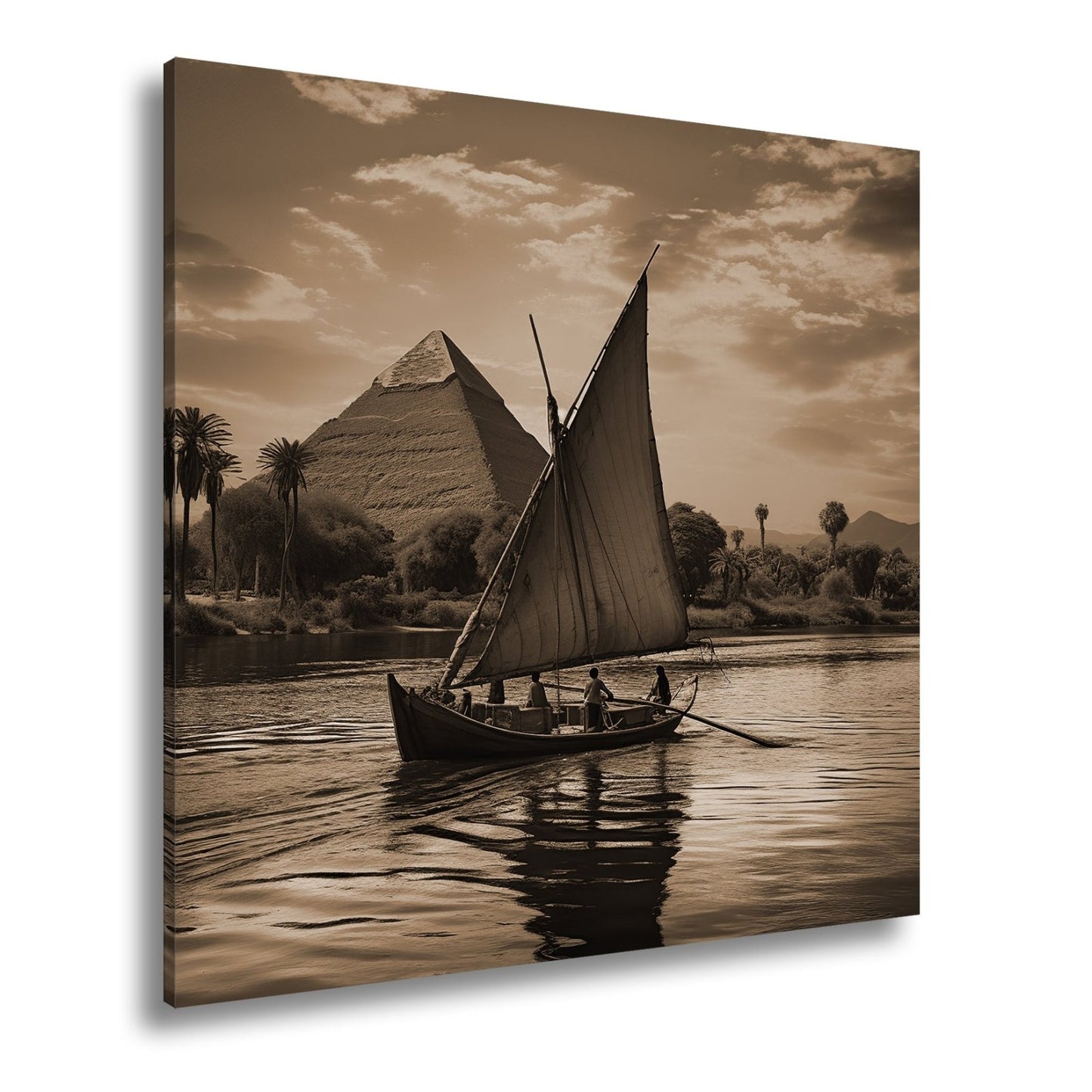 Leinwandbild Pyramidenblick – ein Boot gleitet durchs goldene Licht - deyoli