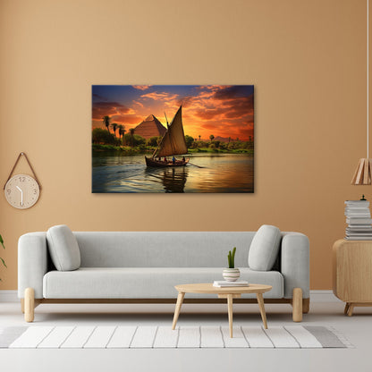 Leinwandbild Pyramidenblick – ein Boot gleitet durchs goldene Licht - deyoli