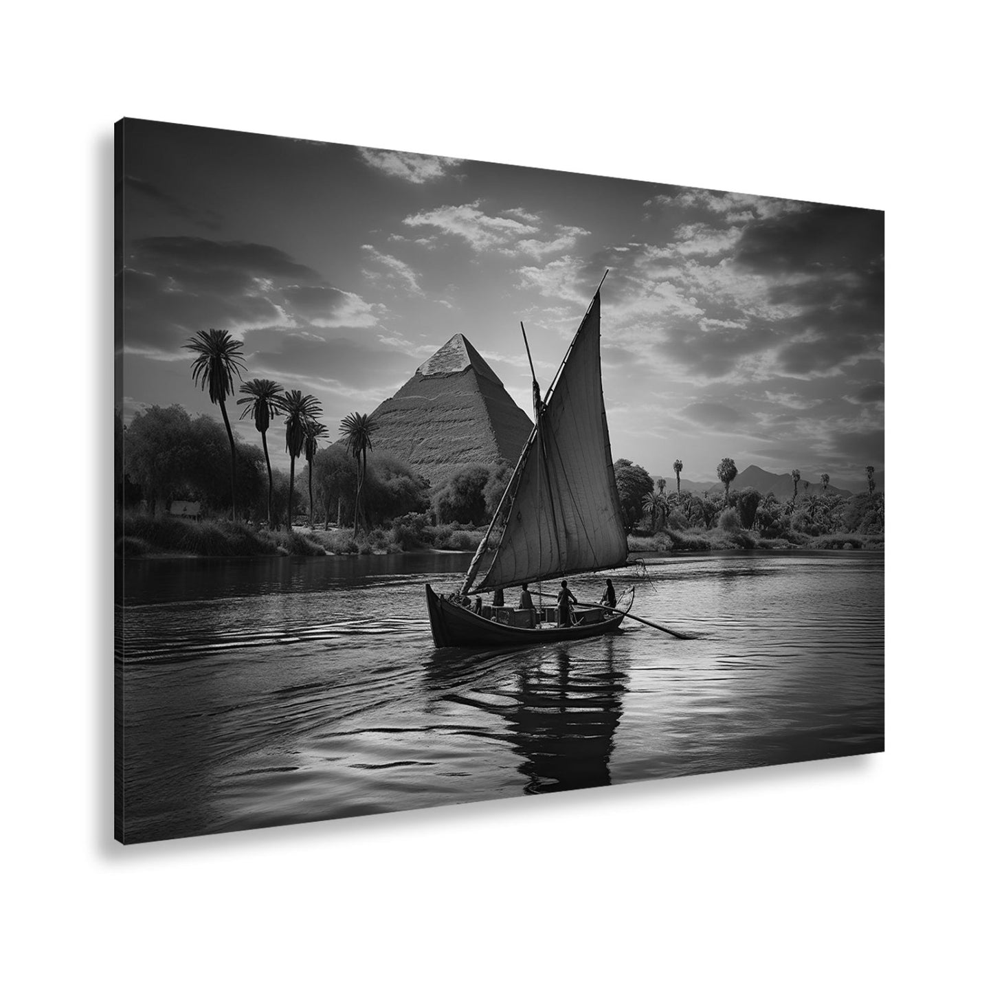 Leinwandbild Pyramidenblick – ein Boot gleitet durchs goldene Licht - deyoli