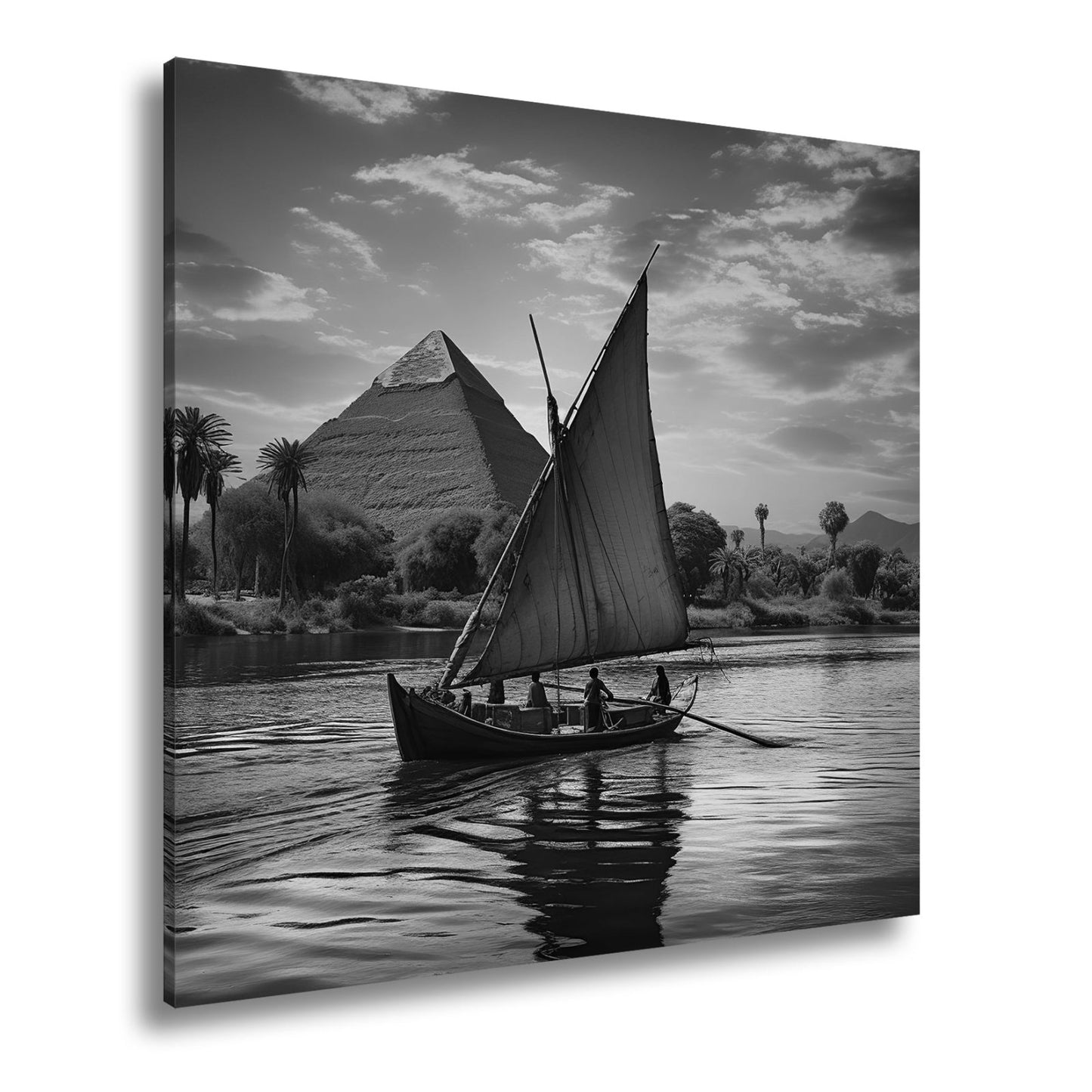 Leinwandbild Pyramidenblick – ein Boot gleitet durchs goldene Licht - deyoli