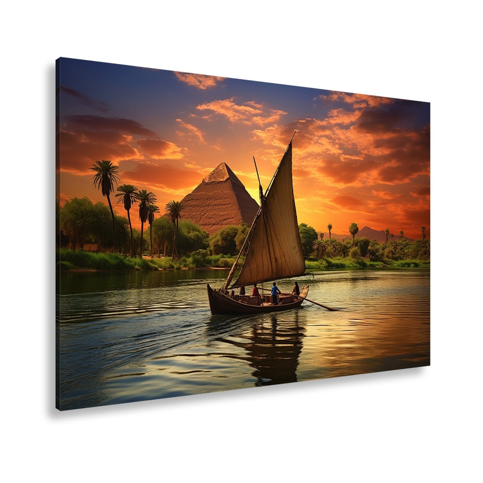 Leinwandbild Pyramidenblick – ein Boot gleitet durchs goldene Licht - deyoli
