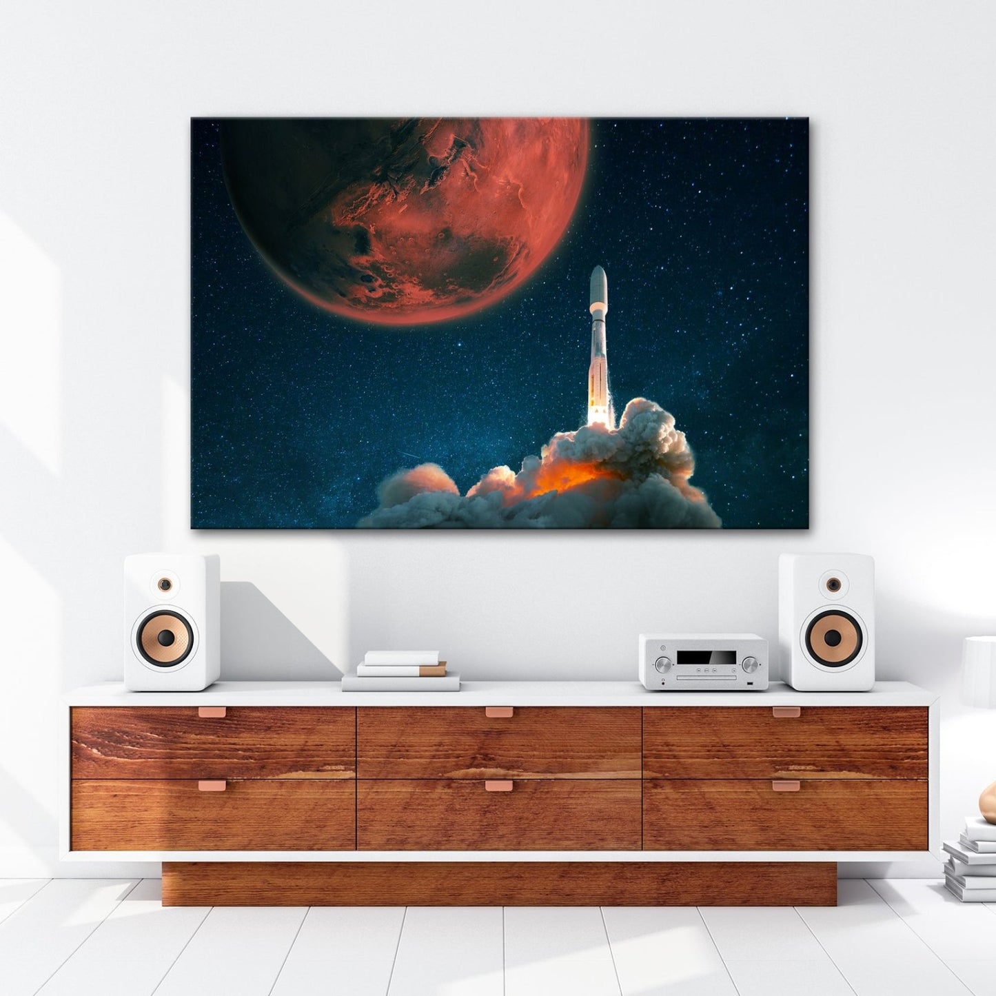 Leinwandbild Rakete steigt auf – Roter Mars & Sternenhimmel XXL - deyoli