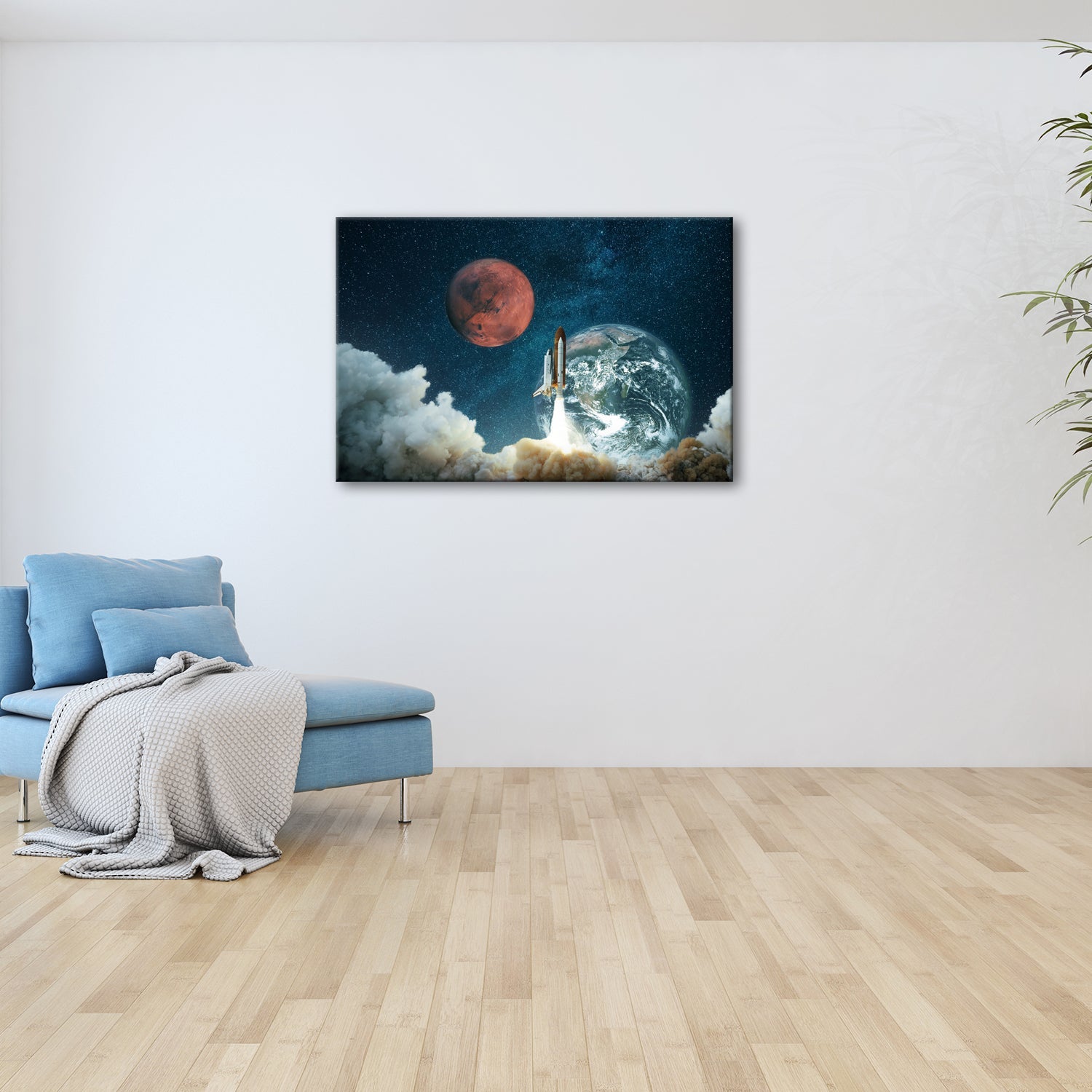 Leinwandbild Raketenstart – Erde & Mars im Sternenmeer XXL - deyoli