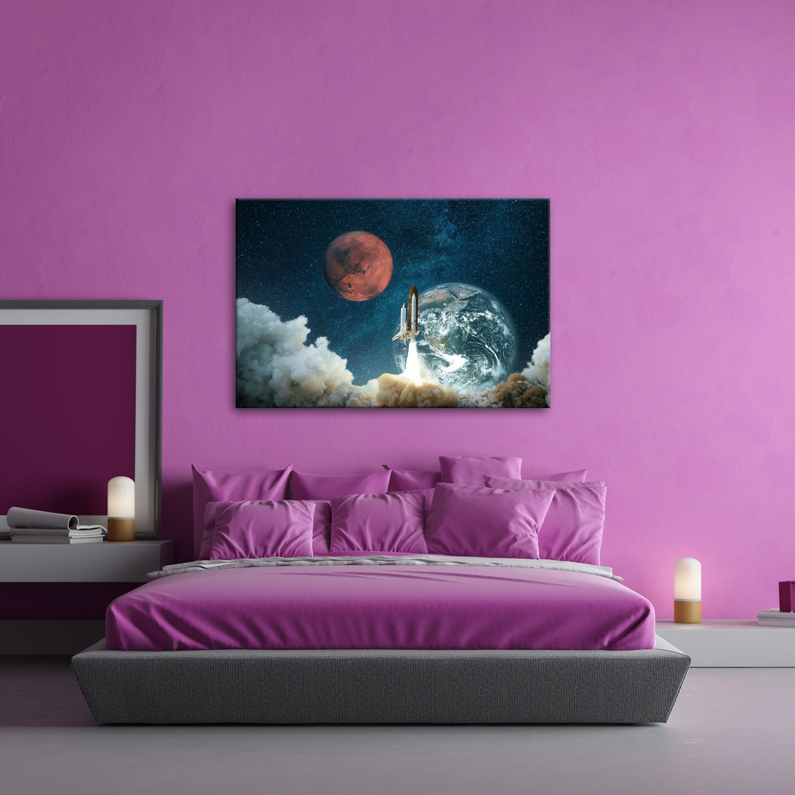 Leinwandbild Raketenstart – Erde & Mars im Sternenmeer XXL - deyoli