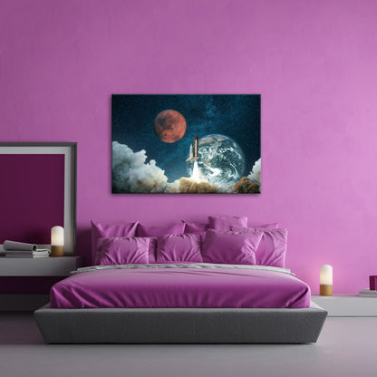 Leinwandbild Raketenstart – Erde & Mars im Sternenmeer XXL - deyoli