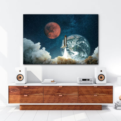 Leinwandbild Raketenstart – Erde & Mars im Sternenmeer XXL - deyoli