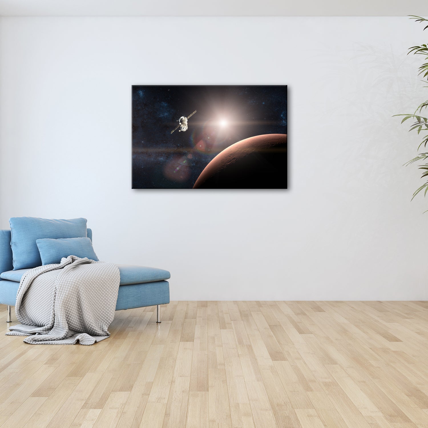 Leinwandbild Raumsonde über Mars – Licht der fernen Sonne XXL - deyoli