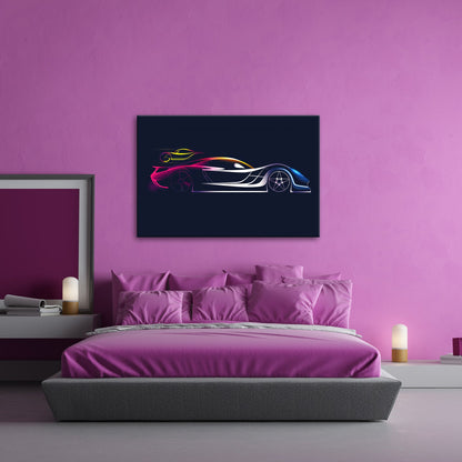 Leinwandbild Rennwagen Elegante Speed - Silhouette im strahlenden Neonlicht - deyoli