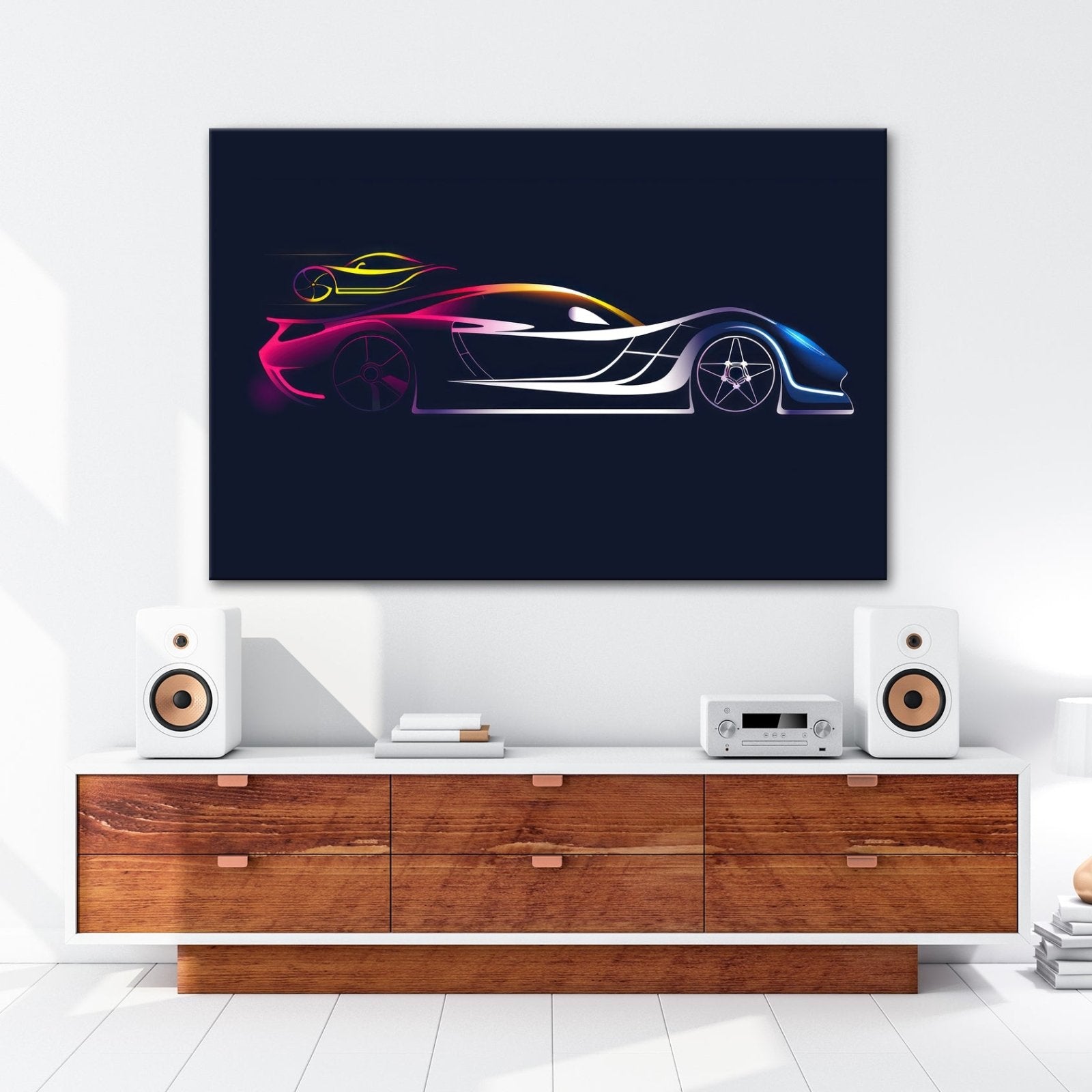 Leinwandbild Rennwagen Elegante Speed - Silhouette im strahlenden Neonlicht - deyoli