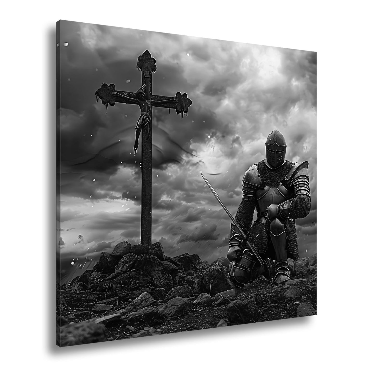 Leinwandbild Ritter kniet am Kreuz – ein Schwur im Sturm der Ewigkeit. - deyoli