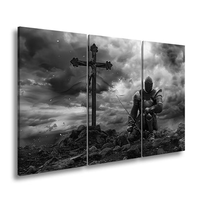 Leinwandbild Ritter kniet am Kreuz – ein Schwur im Sturm der Ewigkeit. - deyoli