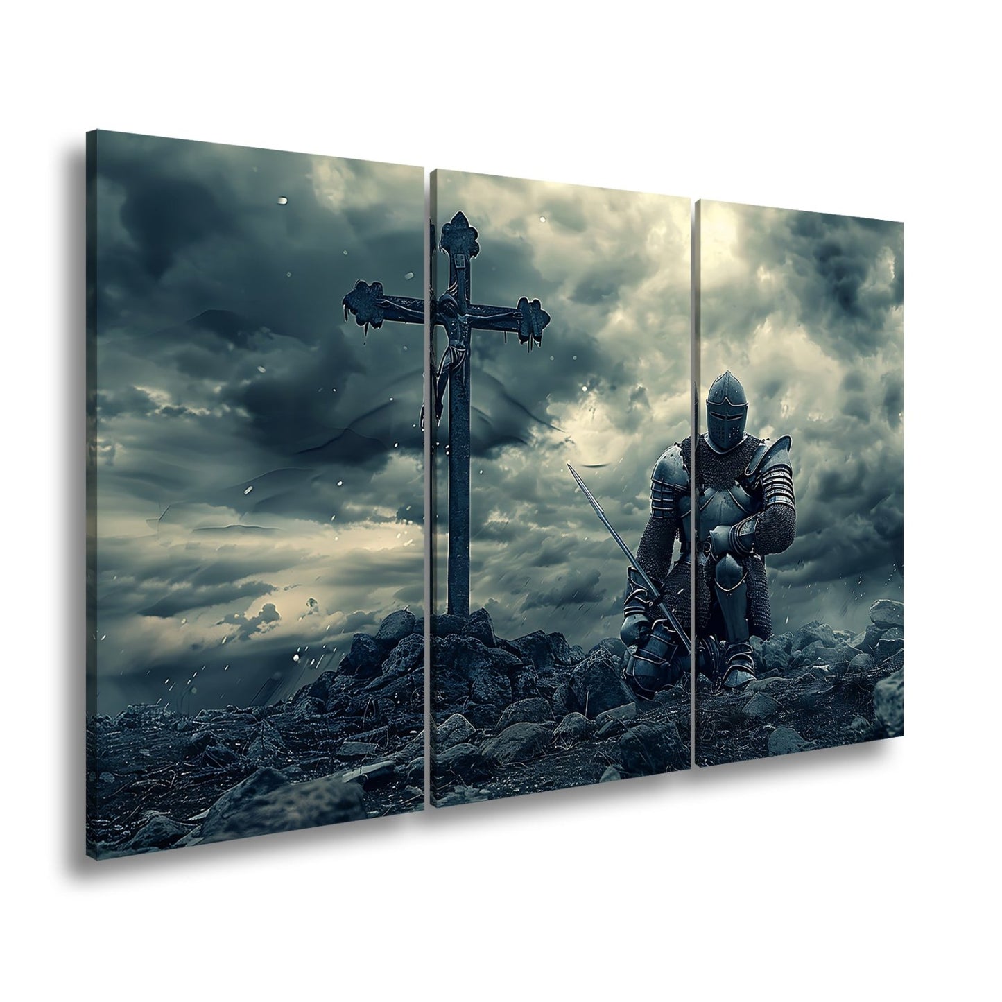 Leinwandbild Ritter kniet am Kreuz – ein Schwur im Sturm der Ewigkeit. - deyoli