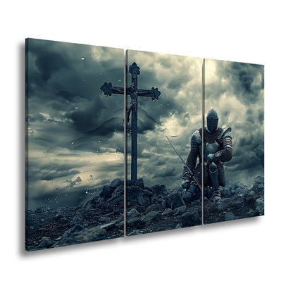 Leinwandbild Ritter kniet am Kreuz – ein Schwur im Sturm der Ewigkeit. - deyoli