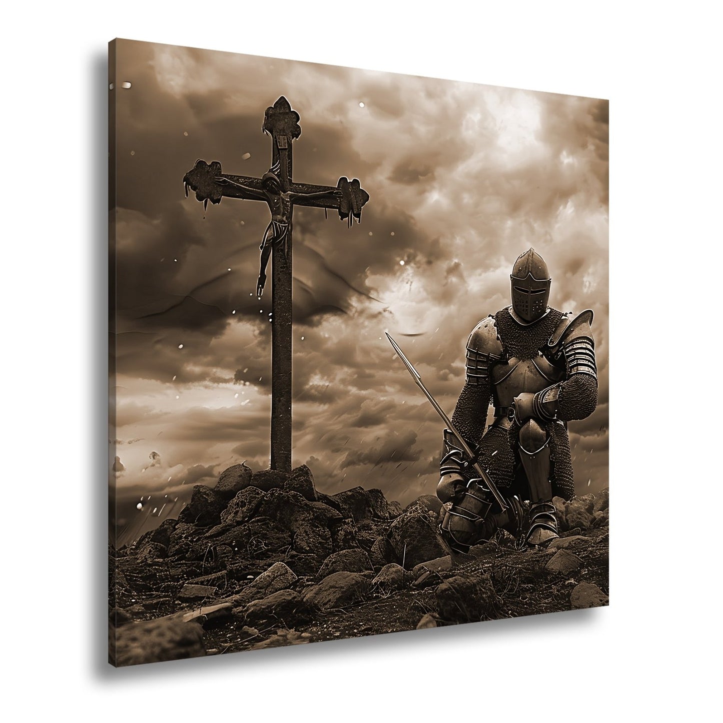 Leinwandbild Ritter kniet am Kreuz – ein Schwur im Sturm der Ewigkeit. - deyoli