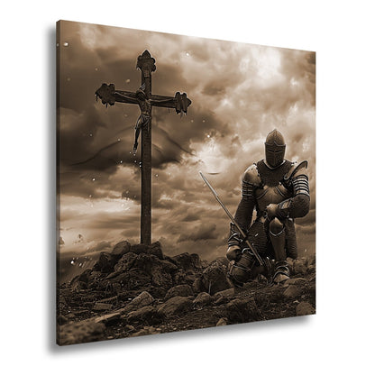 Leinwandbild Ritter kniet am Kreuz – ein Schwur im Sturm der Ewigkeit. - deyoli