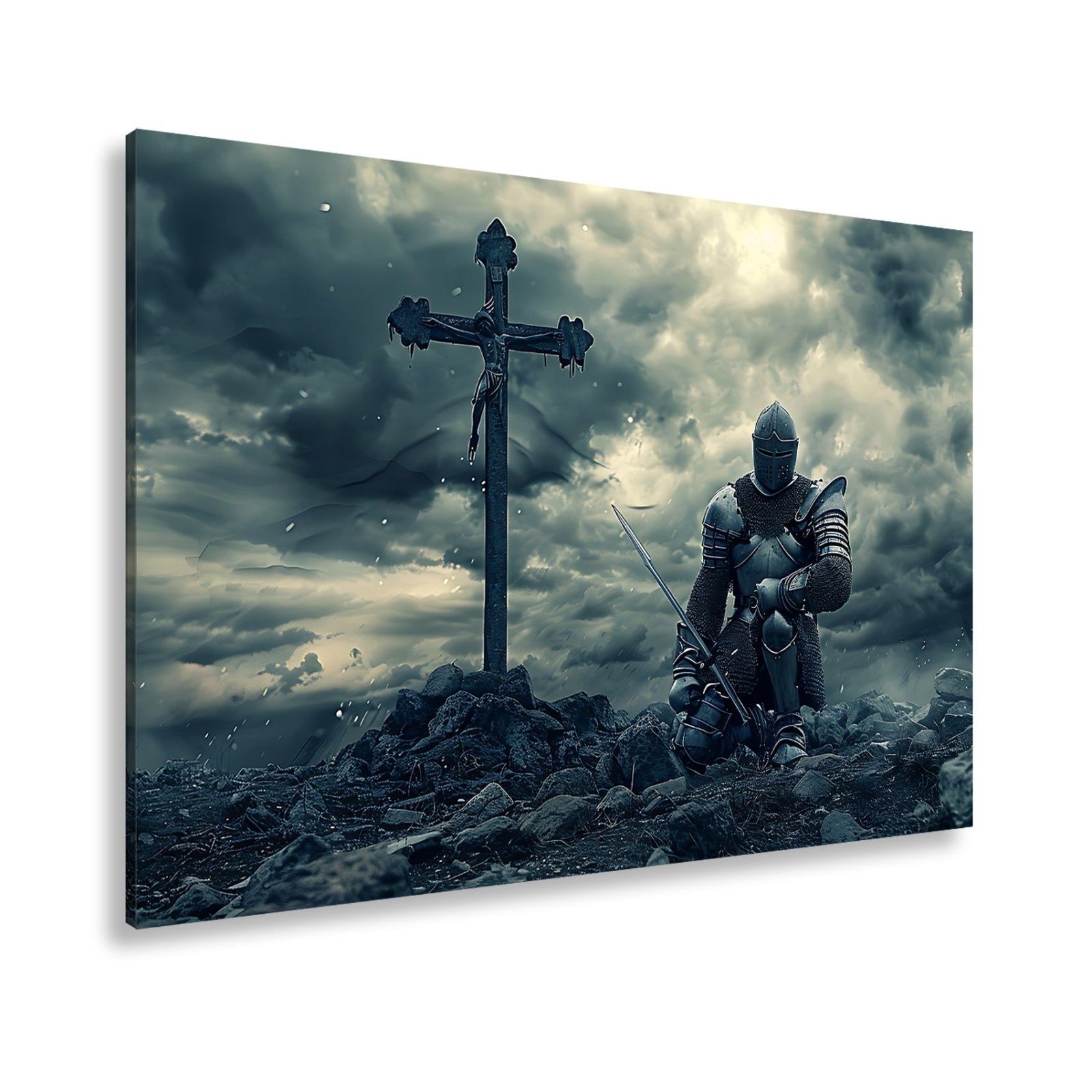 Leinwandbild Ritter kniet am Kreuz – ein Schwur im Sturm der Ewigkeit. - deyoli
