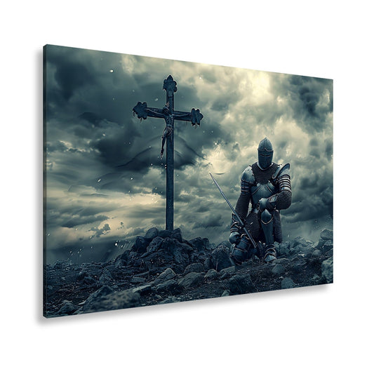 Leinwandbild Ritter kniet am Kreuz – ein Schwur im Sturm der Ewigkeit. - deyoli