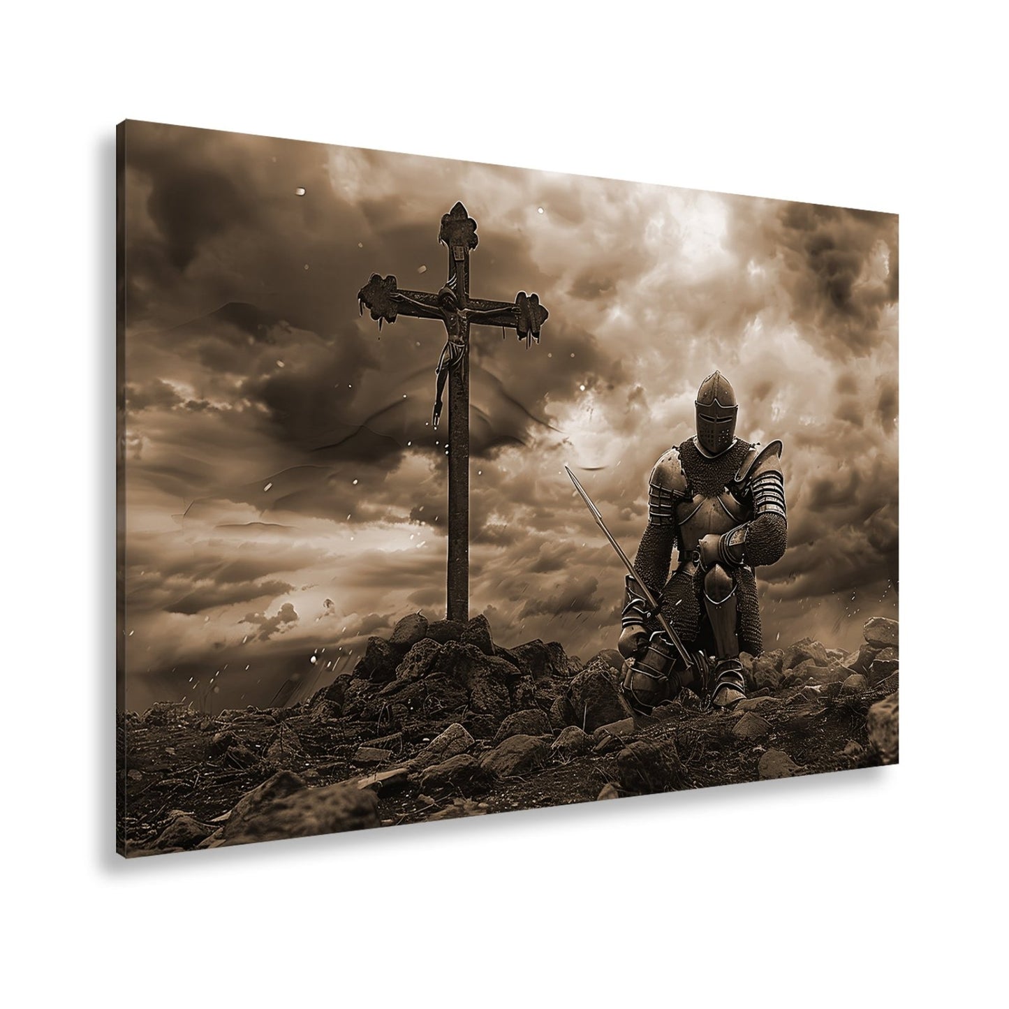 Leinwandbild Ritter kniet am Kreuz – ein Schwur im Sturm der Ewigkeit. - deyoli