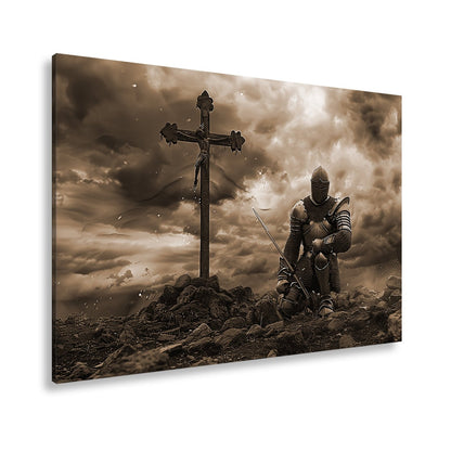 Leinwandbild Ritter kniet am Kreuz – ein Schwur im Sturm der Ewigkeit. - deyoli