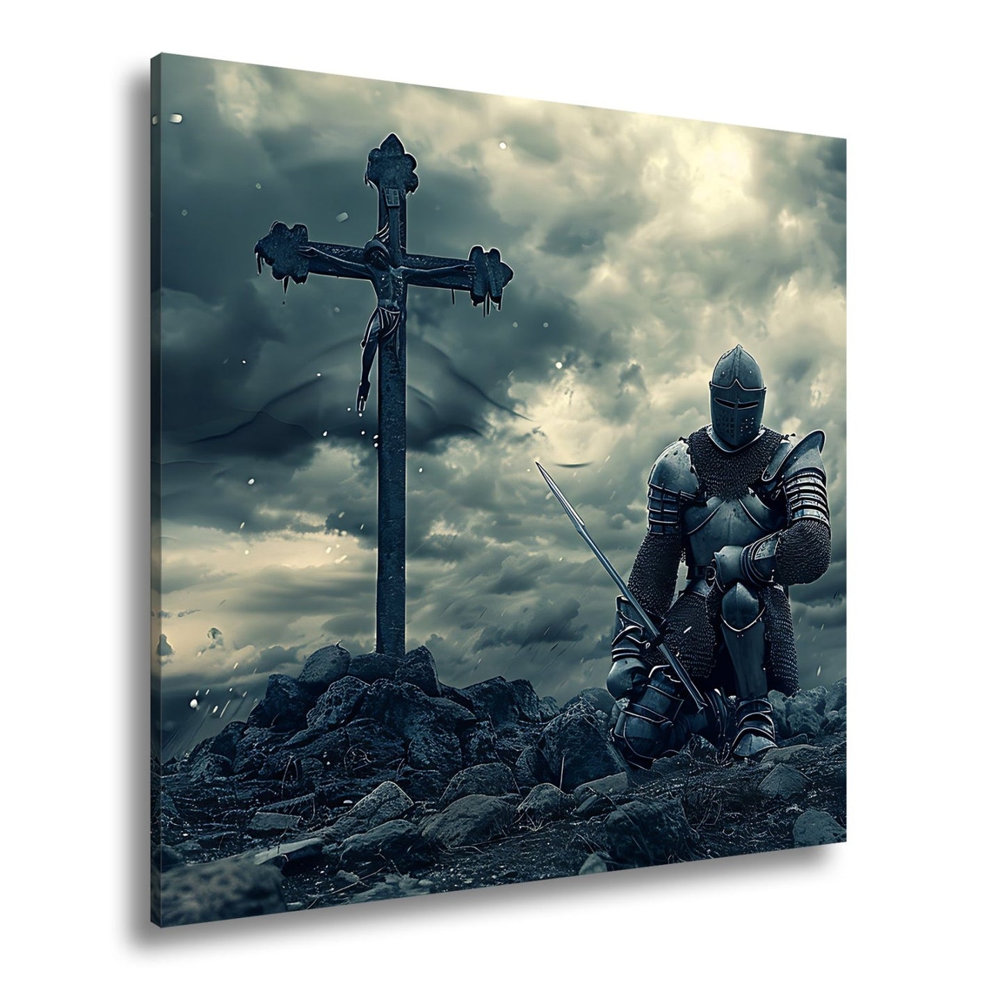 Leinwandbild Ritter kniet am Kreuz – ein Schwur im Sturm der Ewigkeit. - deyoli