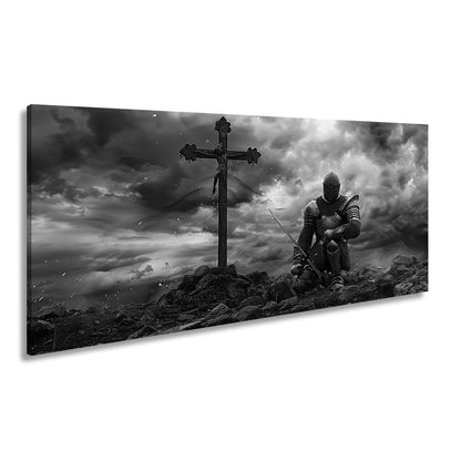 Leinwandbild Ritter kniet am Kreuz – ein Schwur im Sturm der Ewigkeit. - deyoli
