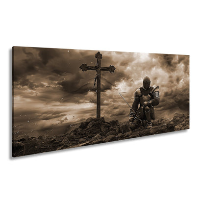 Leinwandbild Ritter kniet am Kreuz – ein Schwur im Sturm der Ewigkeit. - deyoli