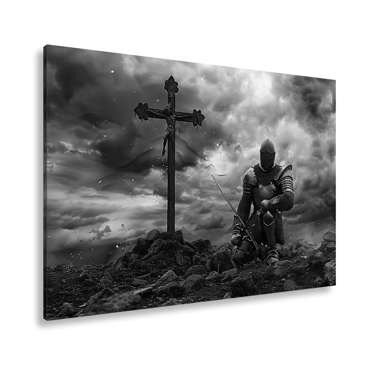 Leinwandbild Ritter kniet am Kreuz – ein Schwur im Sturm der Ewigkeit. - deyoli