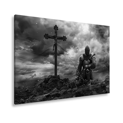 Leinwandbild Ritter kniet am Kreuz – ein Schwur im Sturm der Ewigkeit. - deyoli