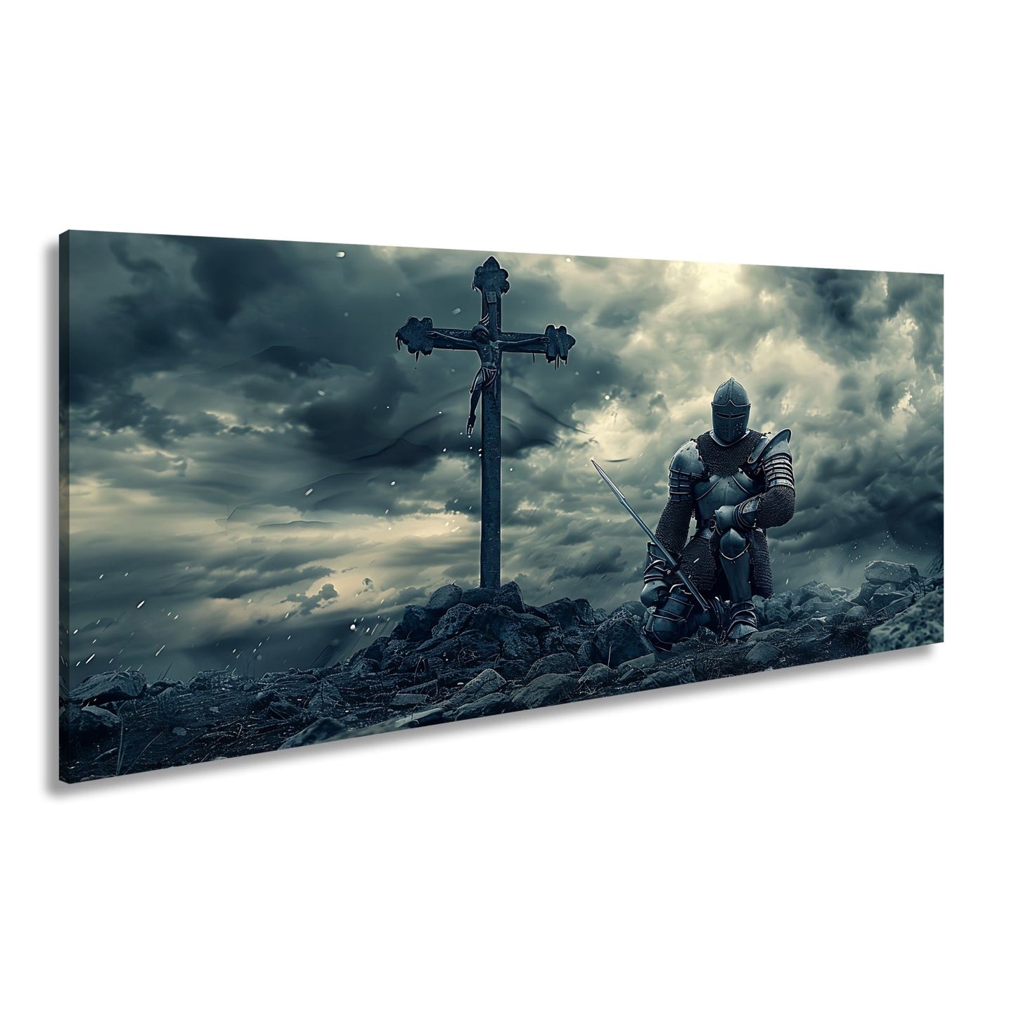 Leinwandbild Ritter kniet am Kreuz – ein Schwur im Sturm der Ewigkeit. - deyoli