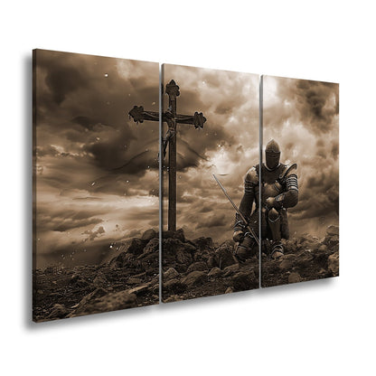 Leinwandbild Ritter kniet am Kreuz – ein Schwur im Sturm der Ewigkeit. - deyoli