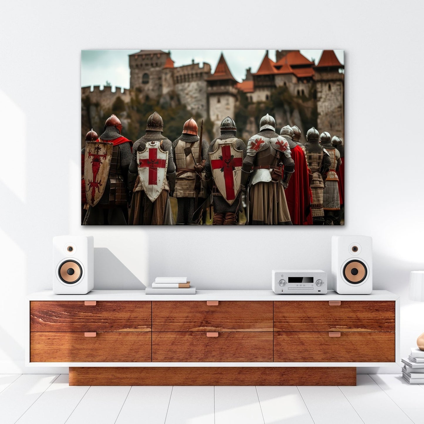 Leinwandbild Ritter vor Burg – bereit für Ehre, Kampf und Legende. - deyoli
