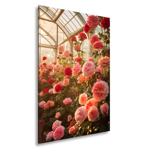 Leinwandbild Rosengarten XXL – Gläsernes Paradies im frühen Morgenlicht - deyoli