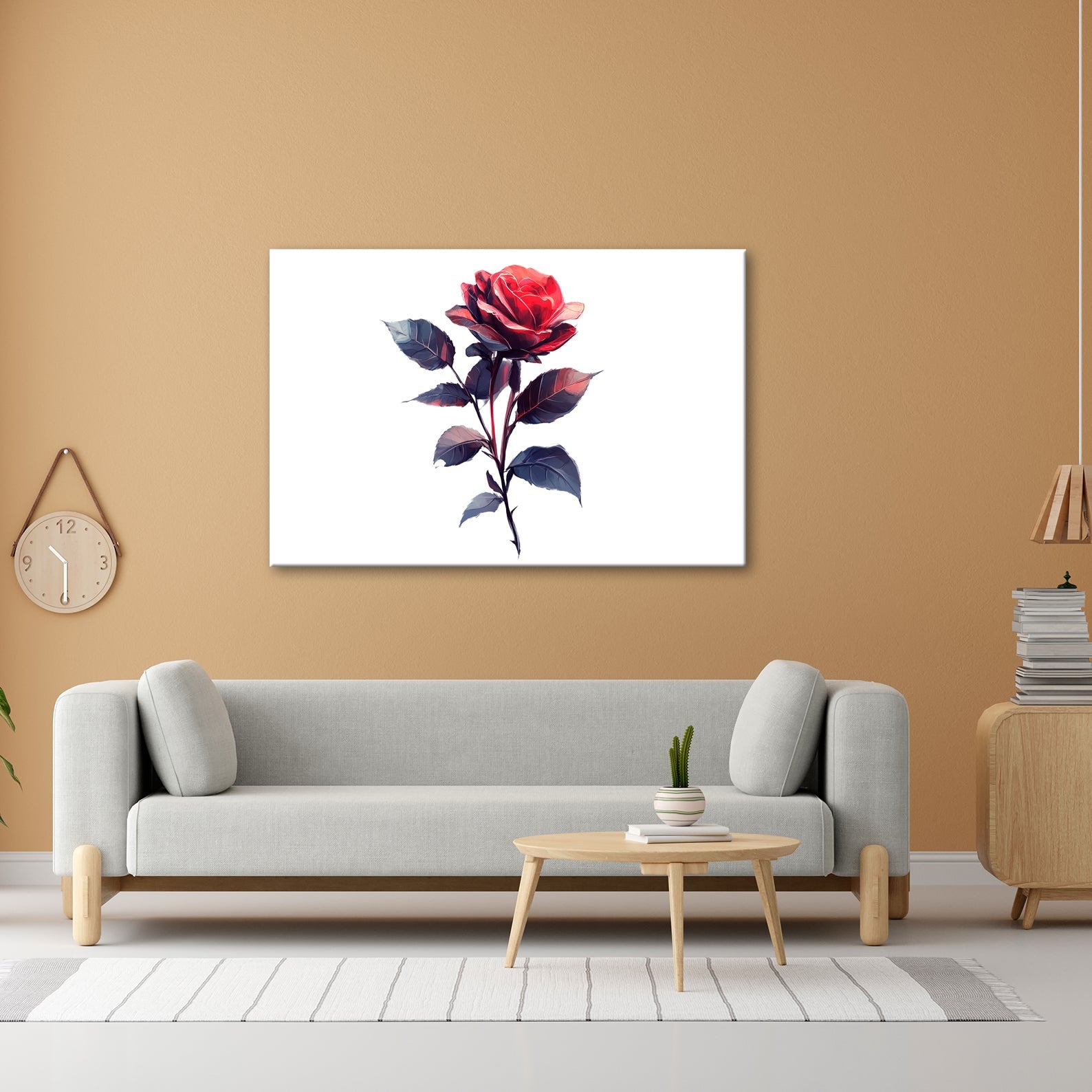 Leinwandbild Rote Rose mit dunklem Blattwerk in sanfter Lichtstimmung - deyoli