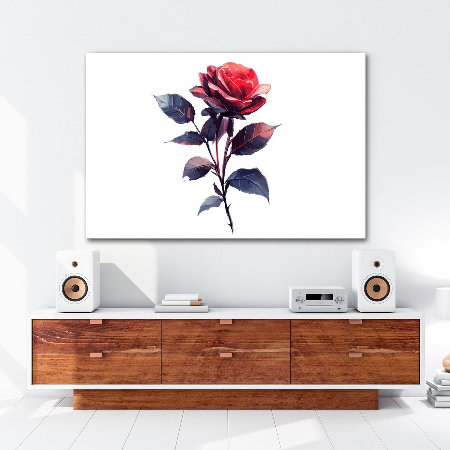 Leinwandbild Rote Rose mit dunklem Blattwerk in sanfter Lichtstimmung - deyoli
