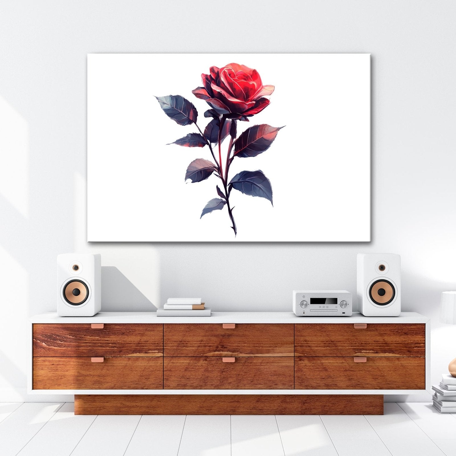 Leinwandbild Rote Rose mit dunklem Blattwerk in sanfter Lichtstimmung - deyoli