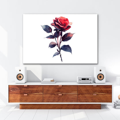 Leinwandbild Rote Rose mit dunklem Blattwerk in sanfter Lichtstimmung - deyoli