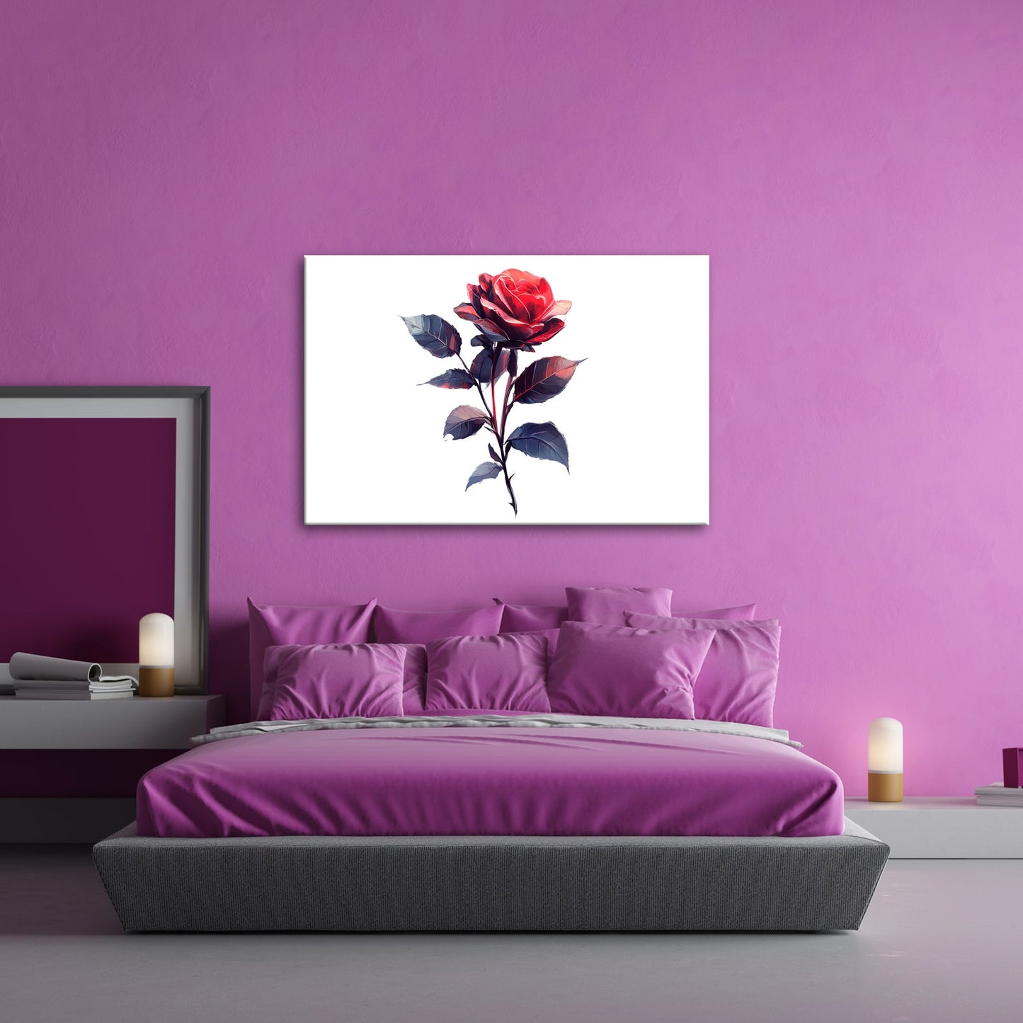 Leinwandbild Rote Rose mit dunklem Blattwerk in sanfter Lichtstimmung - deyoli