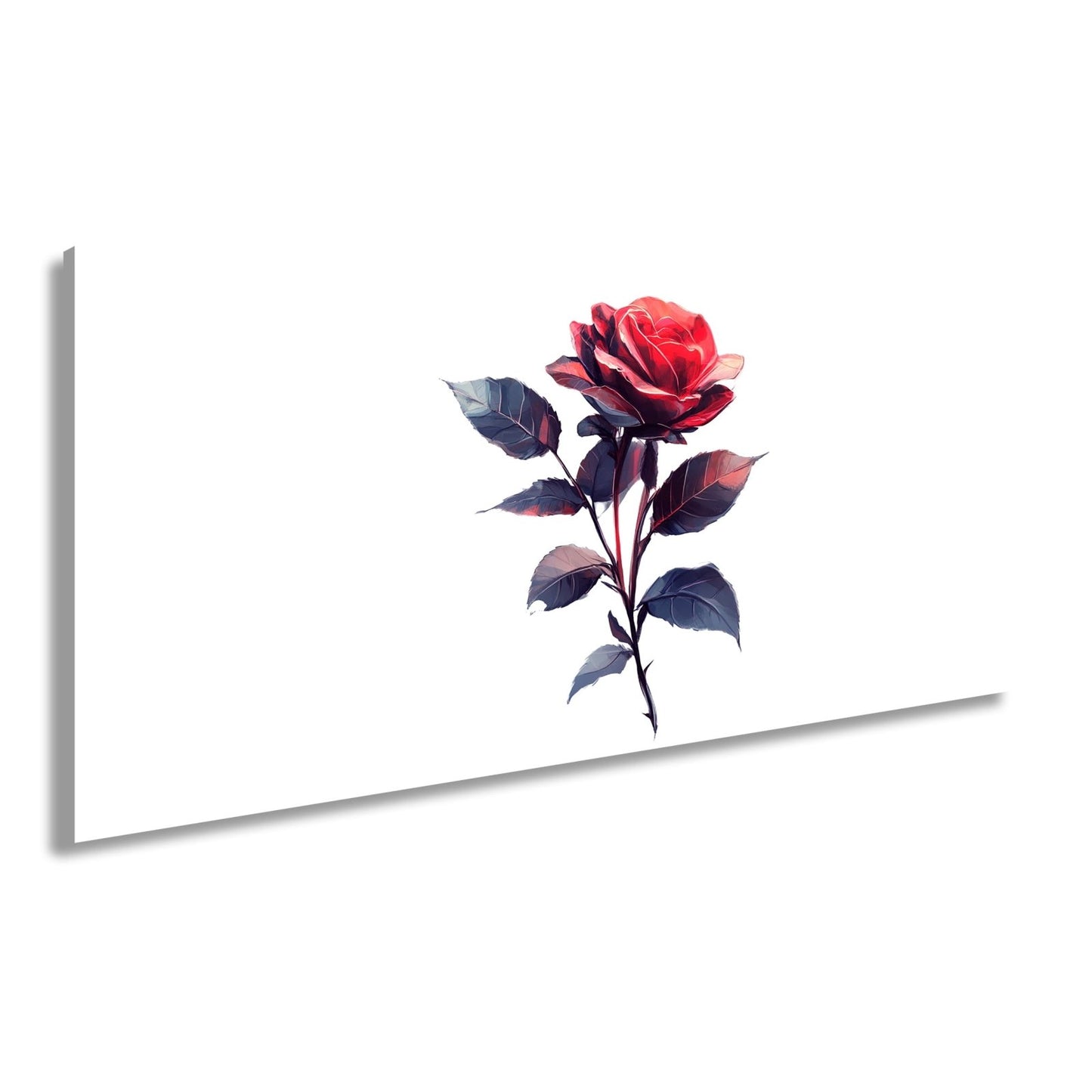 Leinwandbild Rote Rose mit dunklem Blattwerk in sanfter Lichtstimmung - deyoli