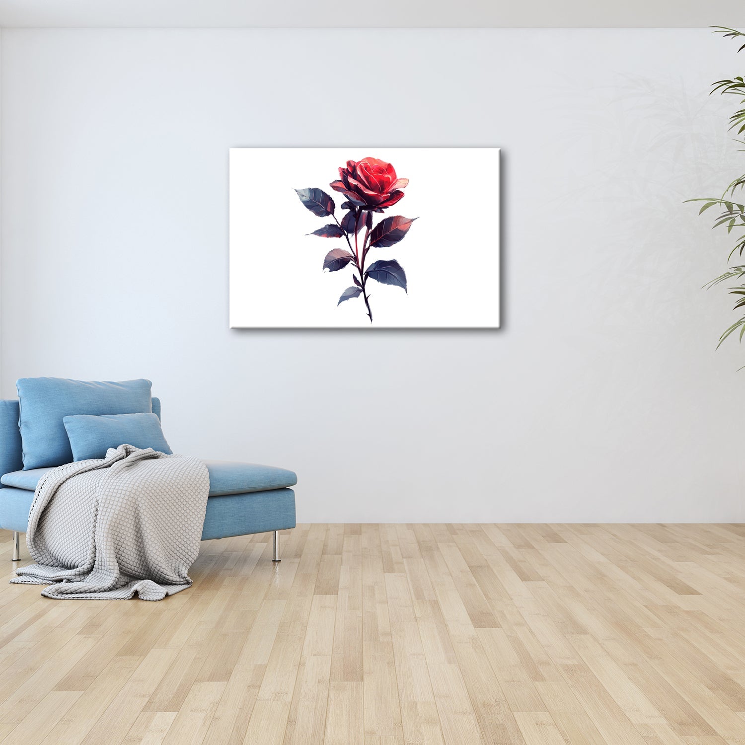 Leinwandbild Rote Rose mit dunklem Blattwerk in sanfter Lichtstimmung - deyoli
