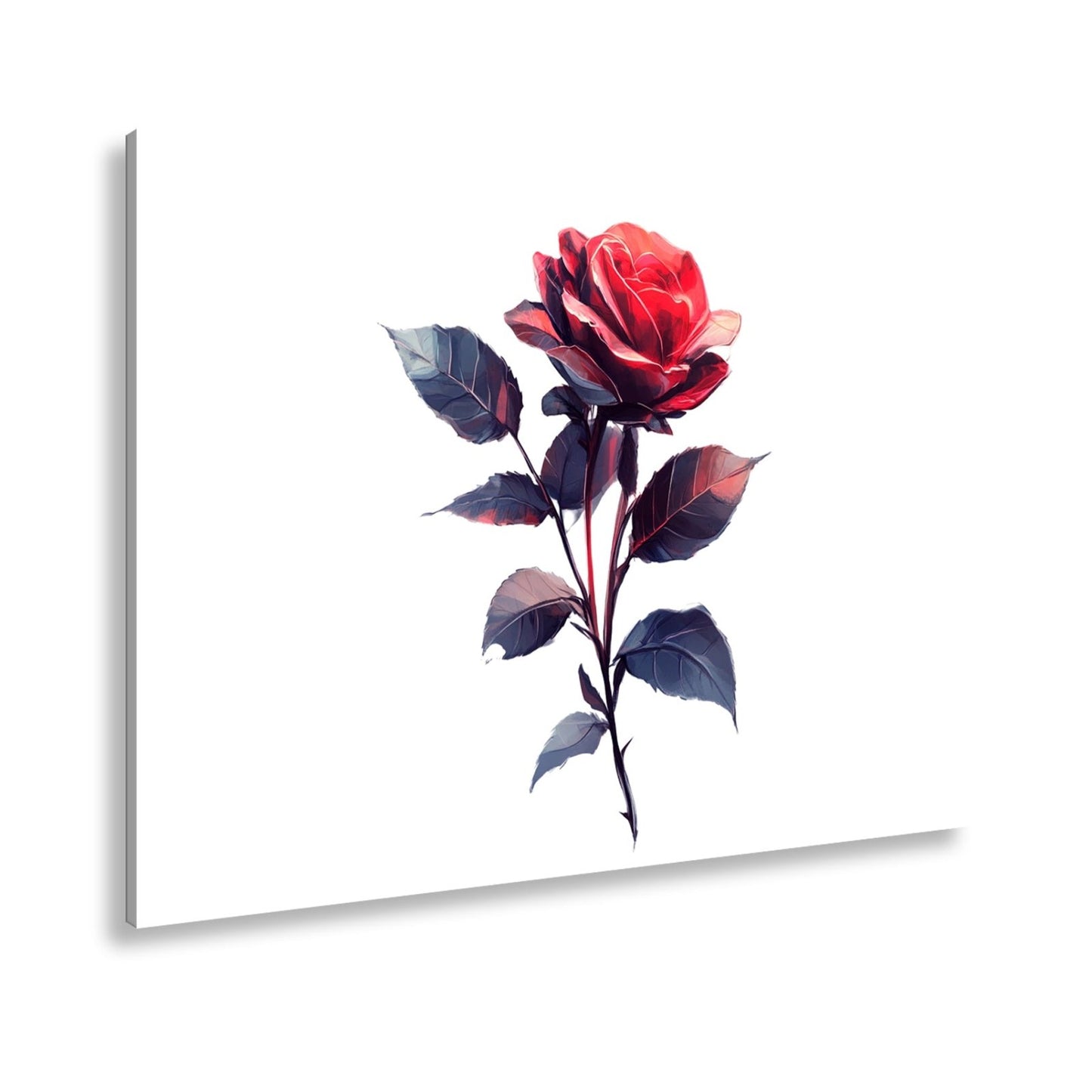 Leinwandbild Rote Rose mit dunklem Blattwerk in sanfter Lichtstimmung - deyoli