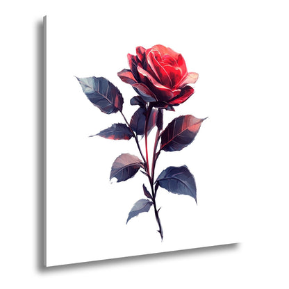 Leinwandbild Rote Rose mit dunklem Blattwerk in sanfter Lichtstimmung - deyoli