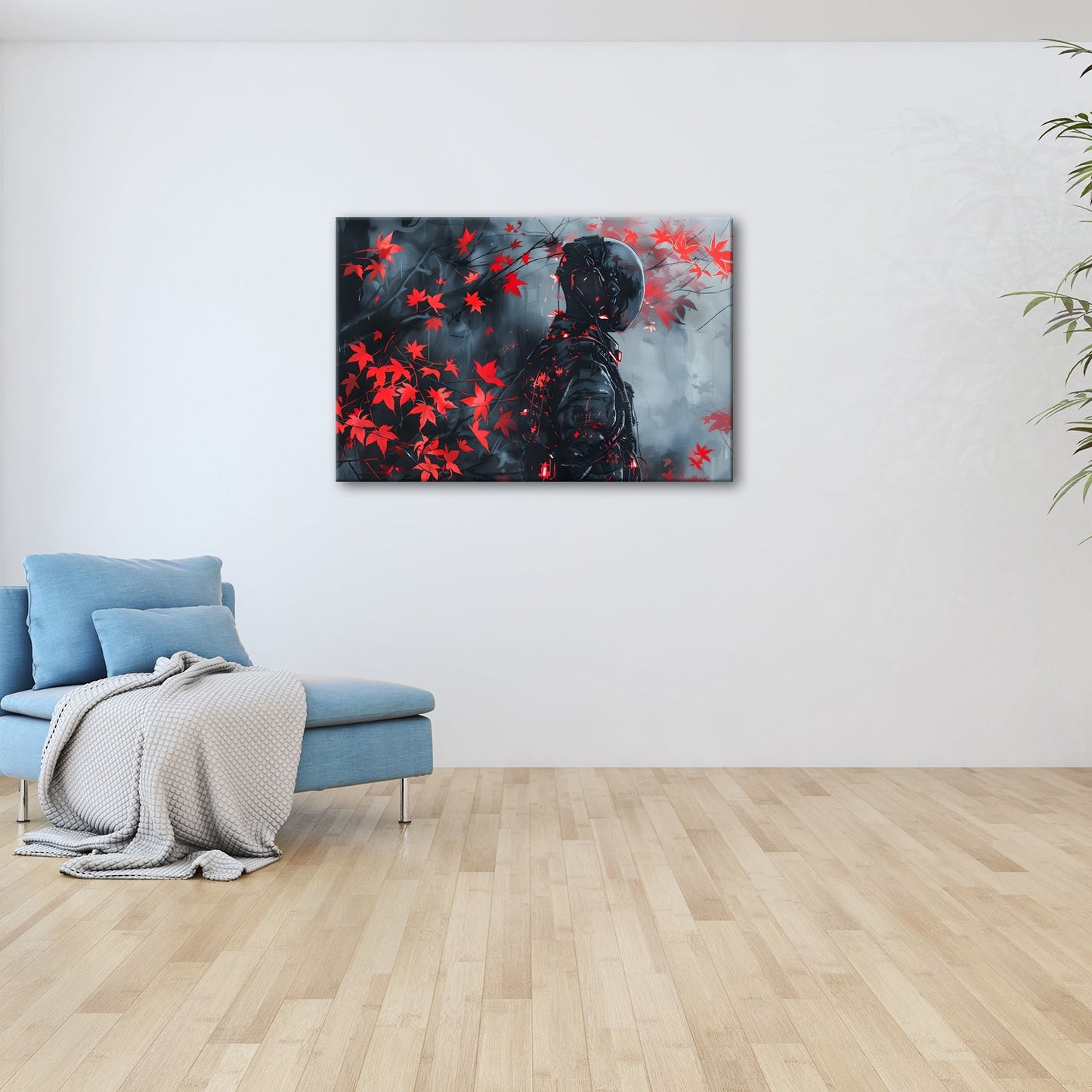 Leinwandbild Roter Ahorn trifft dunkle Rüstung im Nebel der Zukunft. - deyoli