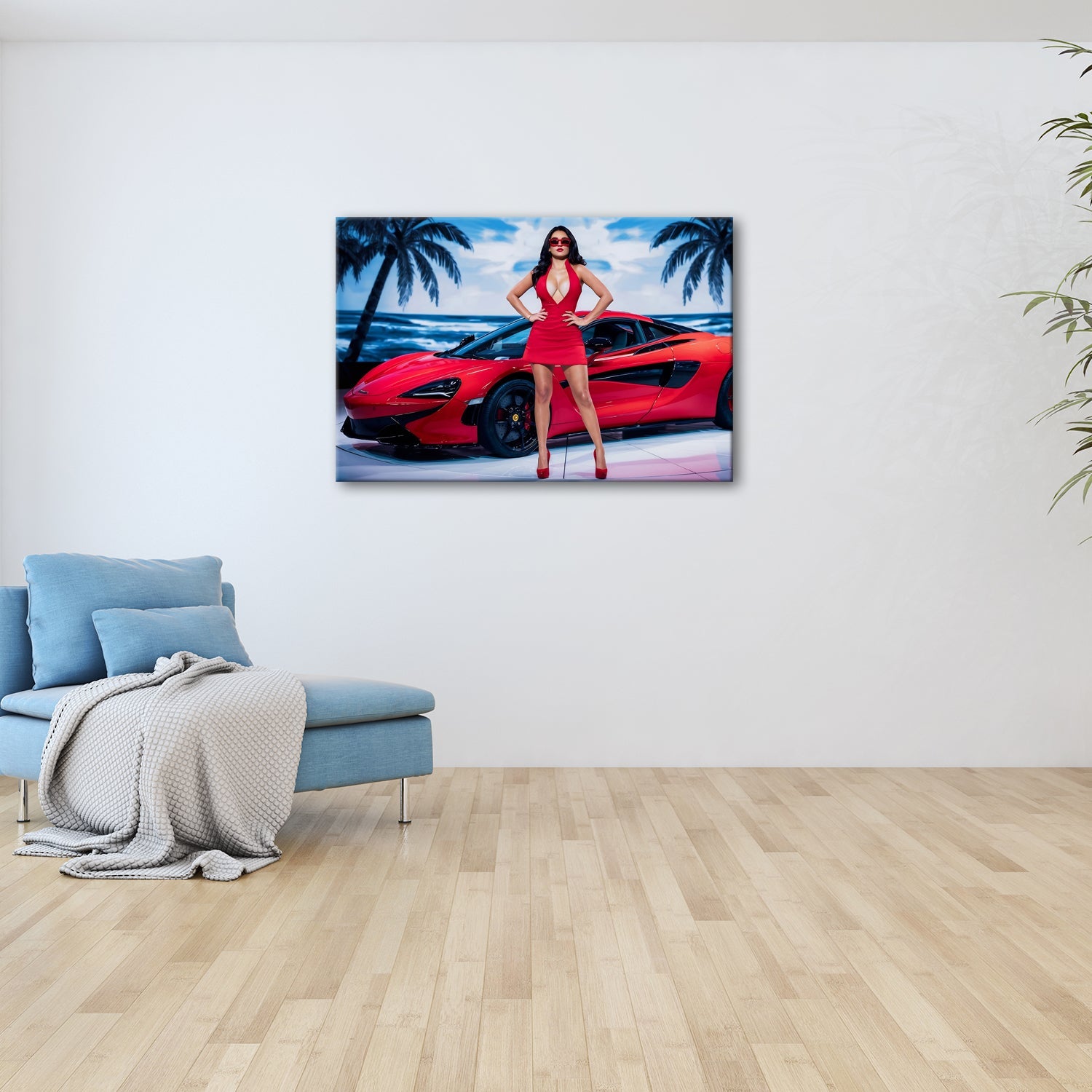 Leinwandbild Roter Sportwagen und Frau in Rot strahlen pure Leidenschaft - deyoli