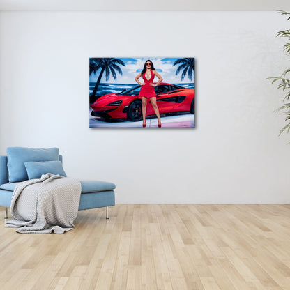 Leinwandbild Roter Sportwagen und Frau in Rot strahlen pure Leidenschaft - deyoli